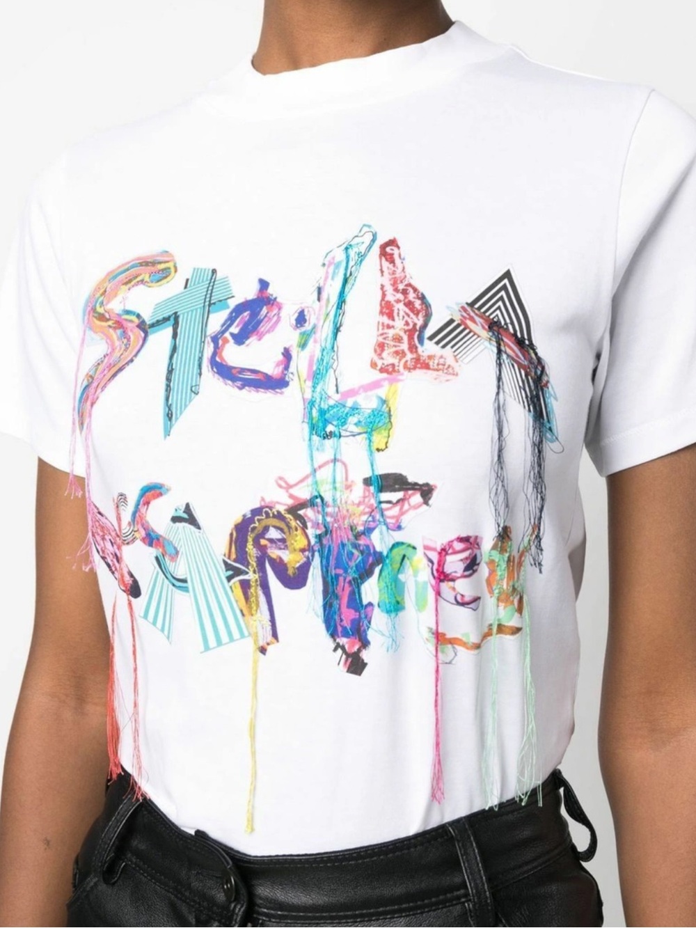 Stella McCartney Logo Graphic 3D Fringe Colorful White Cotton T-Shirt NEW